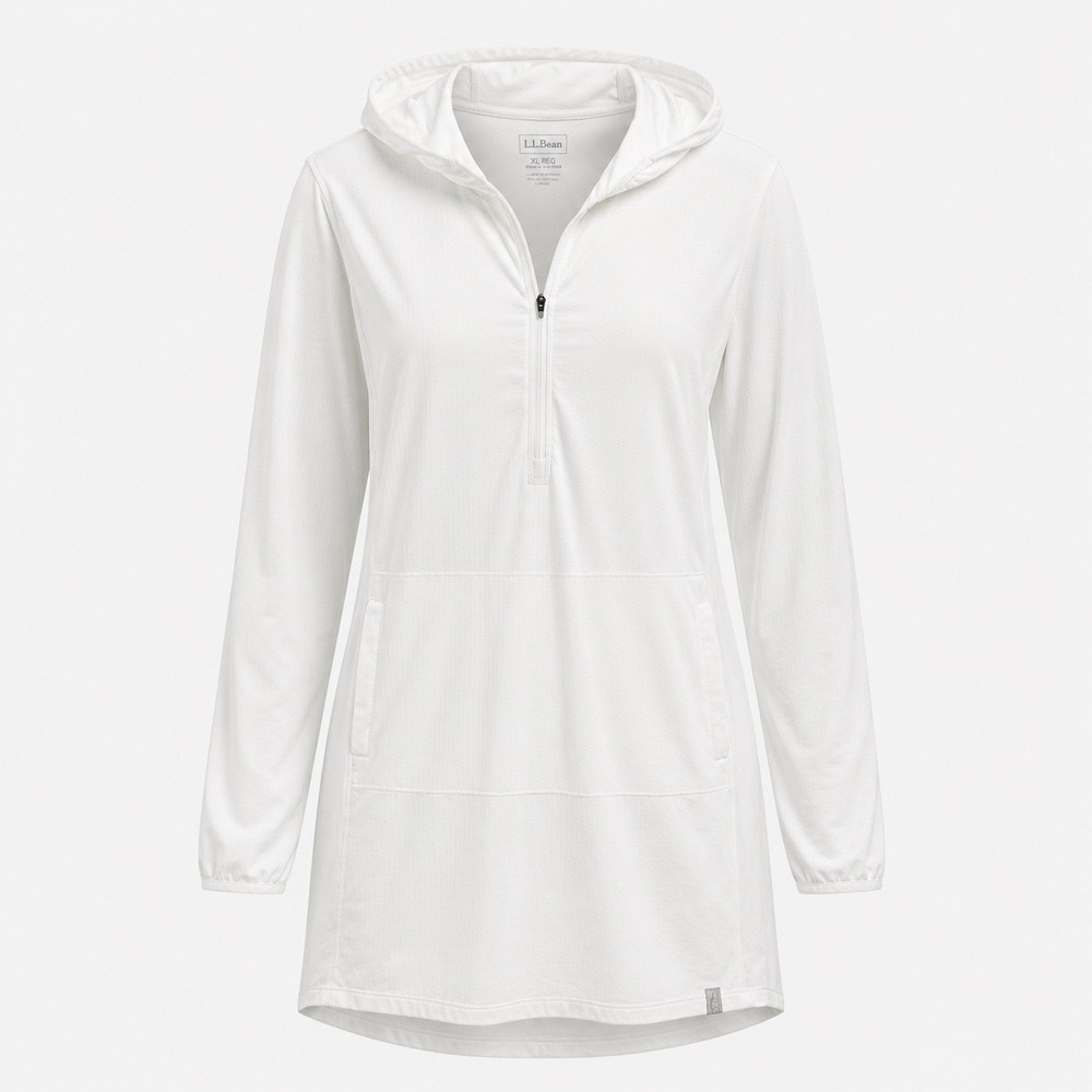 L.L.Bean Women's XL Sand Beach Cover-Up Hooded Tunic White Pocket 1/4 zip